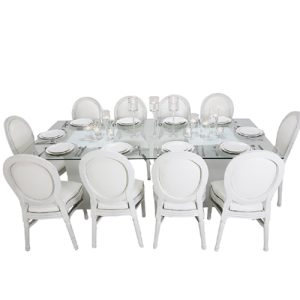 azzurra-glass-dining-table-white-with-white-louis-chair-rental