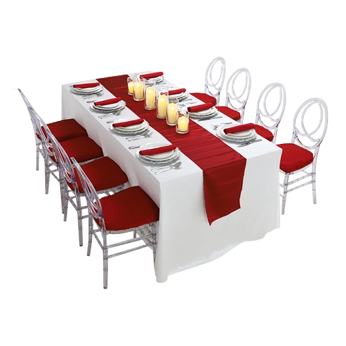 Carla-rectangular-dining-table-white-cover-with-dior-acrylic-chair-red-table-runner-setup Carla-rectangular-dining-table-white-cover-with-dior-acrylic-chair-red-table-runner-setup