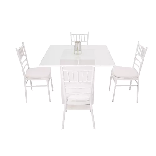 stevelia-white-glass-dining-table-rental-with-white-chivari-chair-setup stevelia-white-glass-dining-table-rental-with-white-chivari-chair-setup