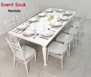Avalon-dining-table-white-and-white-chivari-chairs-rental