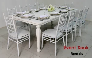 Avalon-dining-table-white-and-white-chivari-chairs-rental-dubai