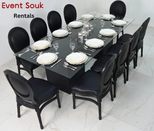 Azzura-glass-dining-tabl-black-and-black-dior- wooden-chairs-rental