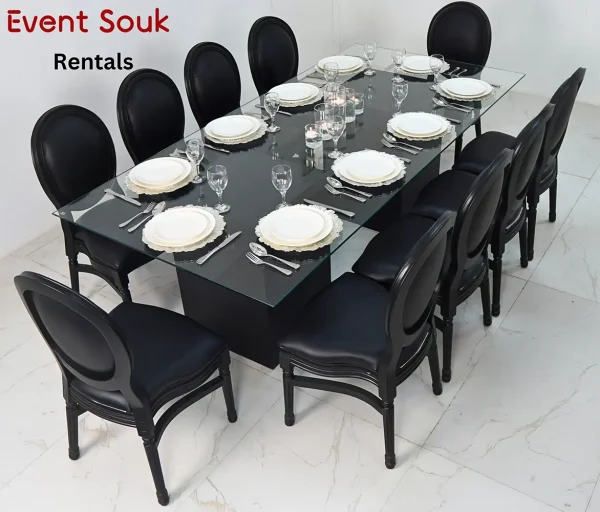 Azzura-glass-dining-tabl-black-and-black-dior- wooden-chairs-rental Azzura-glass-dining-tabl-black-and-black-dior- wooden-chairs-rental