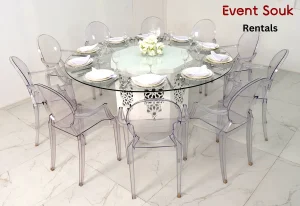 Azzura glass round table with dior acrylic arm chair