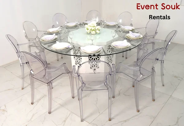 Azzura glass round table with dior acrylic arm chair