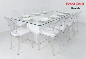 Azzurra-glass-dining-table-rental-with-acrylic-arm-dior-chair