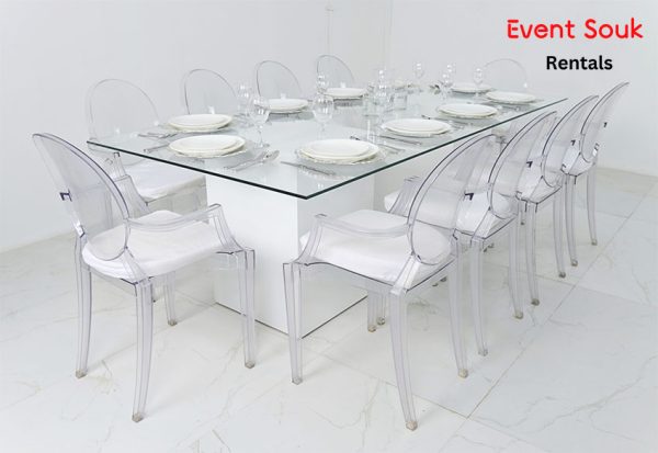 Azzurra-glass-dining-table-rental-with-acrylic-arm-dior-chair Azzurra-glass-dining-table-rental-with-acrylic-arm-dior-chair