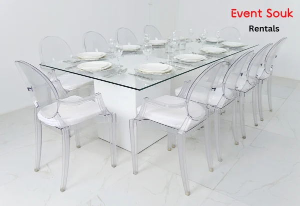 Azzurra-glass-dining-table-rental-with-acrylic-arm-dior-chair