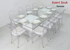 Azzurra-glass-rectangle-dining-table-rental-with-acrylic-arm-dior-chair