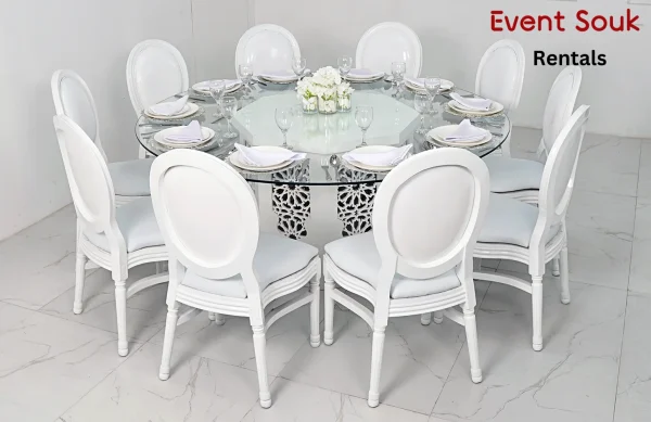 Azzurra-round-glass-dining-table-rentals-and-dior-wooden-chair