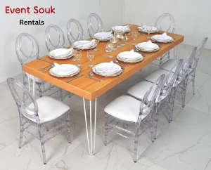 Isadora-rectangular-dining -table-and-dior-acrylic-chairs-rental-uae