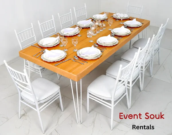 Isadora-rectangular-dining-table-and-white-chivari-chairs-rental-dubai