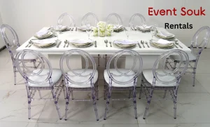 Melanie-rectangular-white-dining-table-and-dior-acrylic-chair-rental