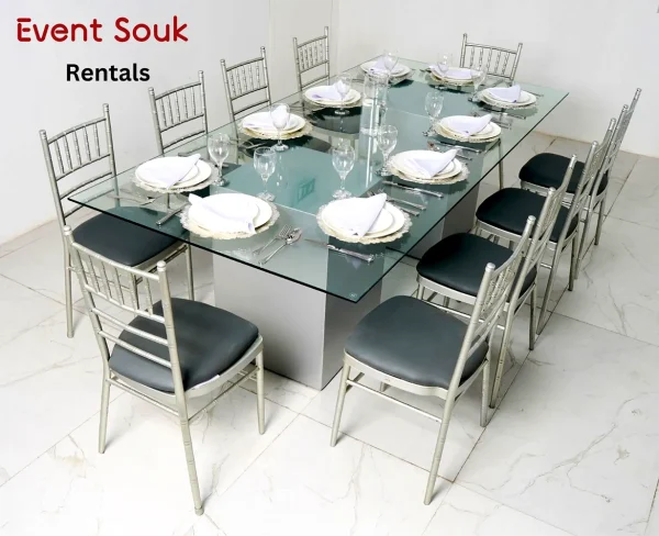 azzurra-glass-dining-rectangle-table-rental-silver-with-silver-chivari azzurra-glass-dining-rectangle-table-rental-silver-with-silver-chivari