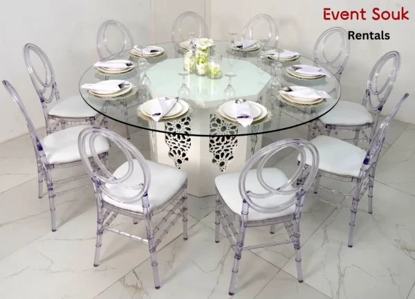 azzurra-round-glass-dining-table-and-acrylic-dior-chair-rental azzurra-round-glass-dining-table-and-acrylic-dior-chair-rental