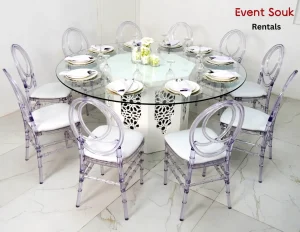 azzurra-round-glass-dining-table-and-acrylic-dior-chair-rental-dubai
