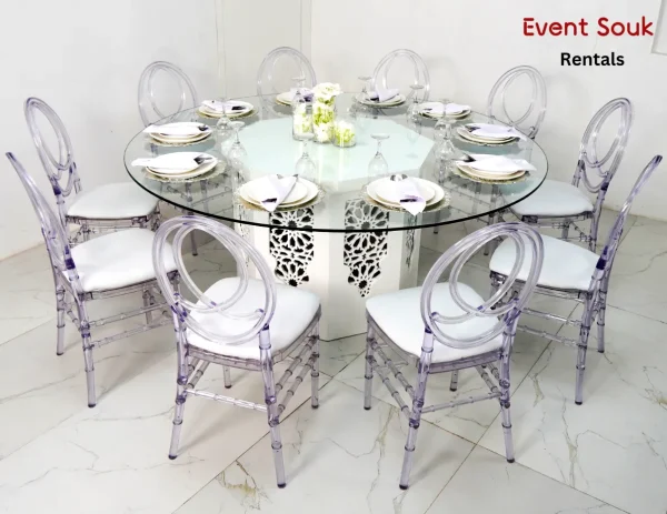 azzurra-round-glass-dining-table-and-acrylic-dior-chair-rental-dubai