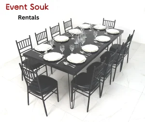 isadora-rectangle-dining-table-rental-black-with-chivari-chair-black